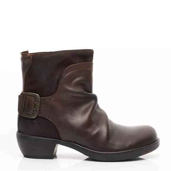 Fly London Mel Brown Leather Scrunch Buckle Side Zip Heeled Boots Size 38 - Picture 1 of 8
